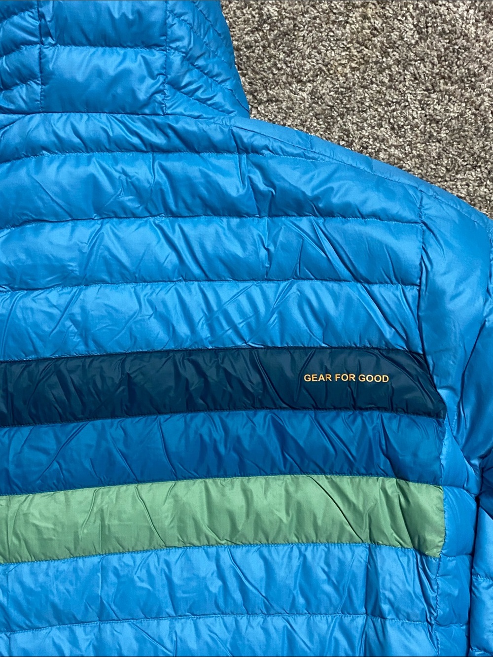 cotopaxi Blue Hooded Puffer Jacket Green and Navy Stripes Men’s Size 2XL - 1511 - Picture 14 of 15